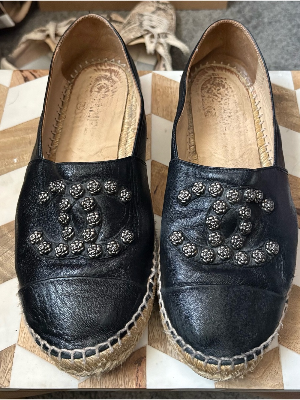 CHANEL Black Lambskin Leather Espadrille Flats with Studded CC Embellishments